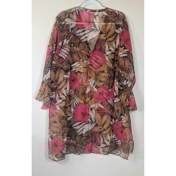 Worthington Woman 2X Sheer Button Front Tunic Duster Top Floral Animal Print - Picture 2 of 7